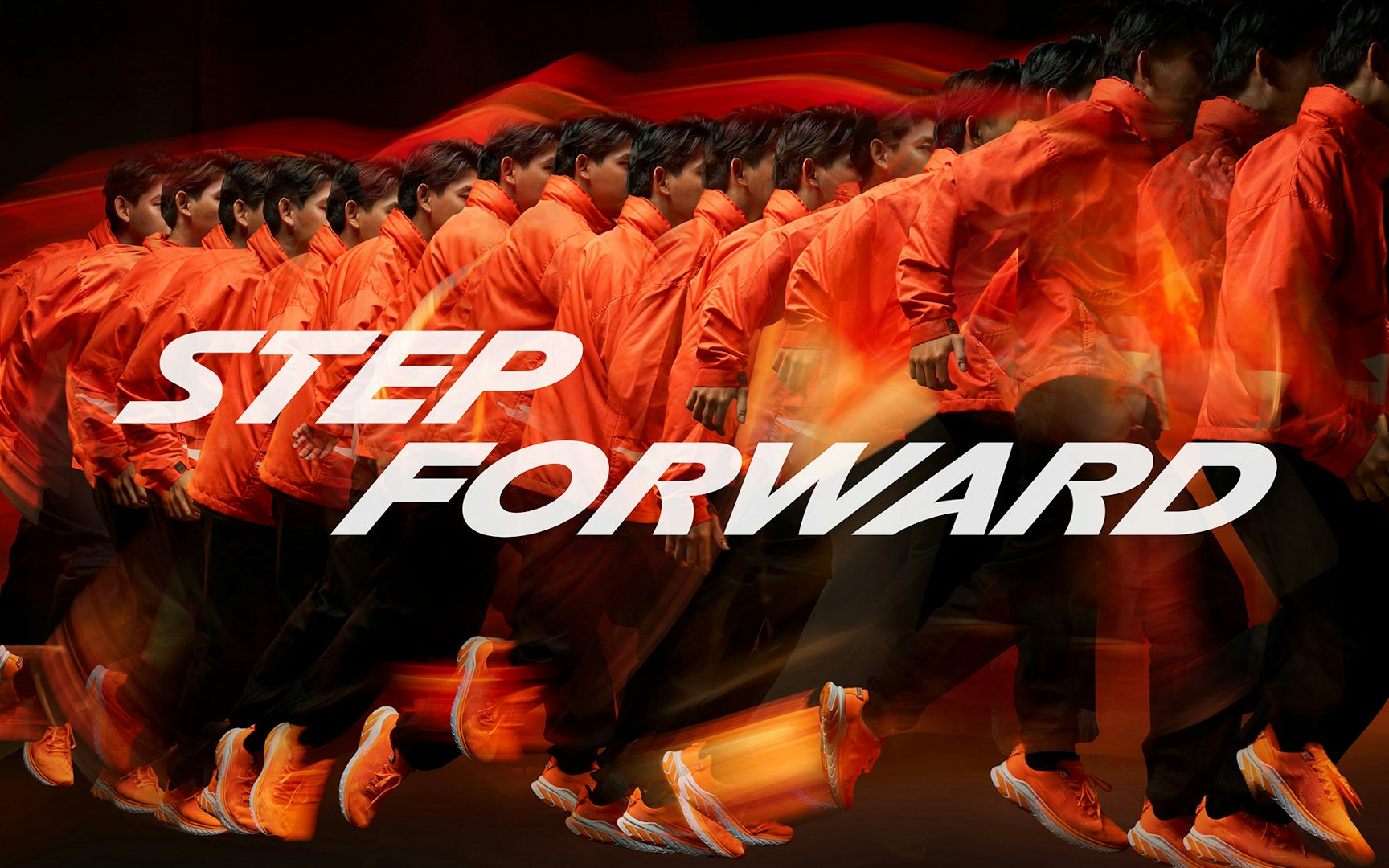Graphic showing the phrase 'Step forward' in white angular lettering shown on a motion blurred image of a person running in an orange windbreaker jacket and trainers