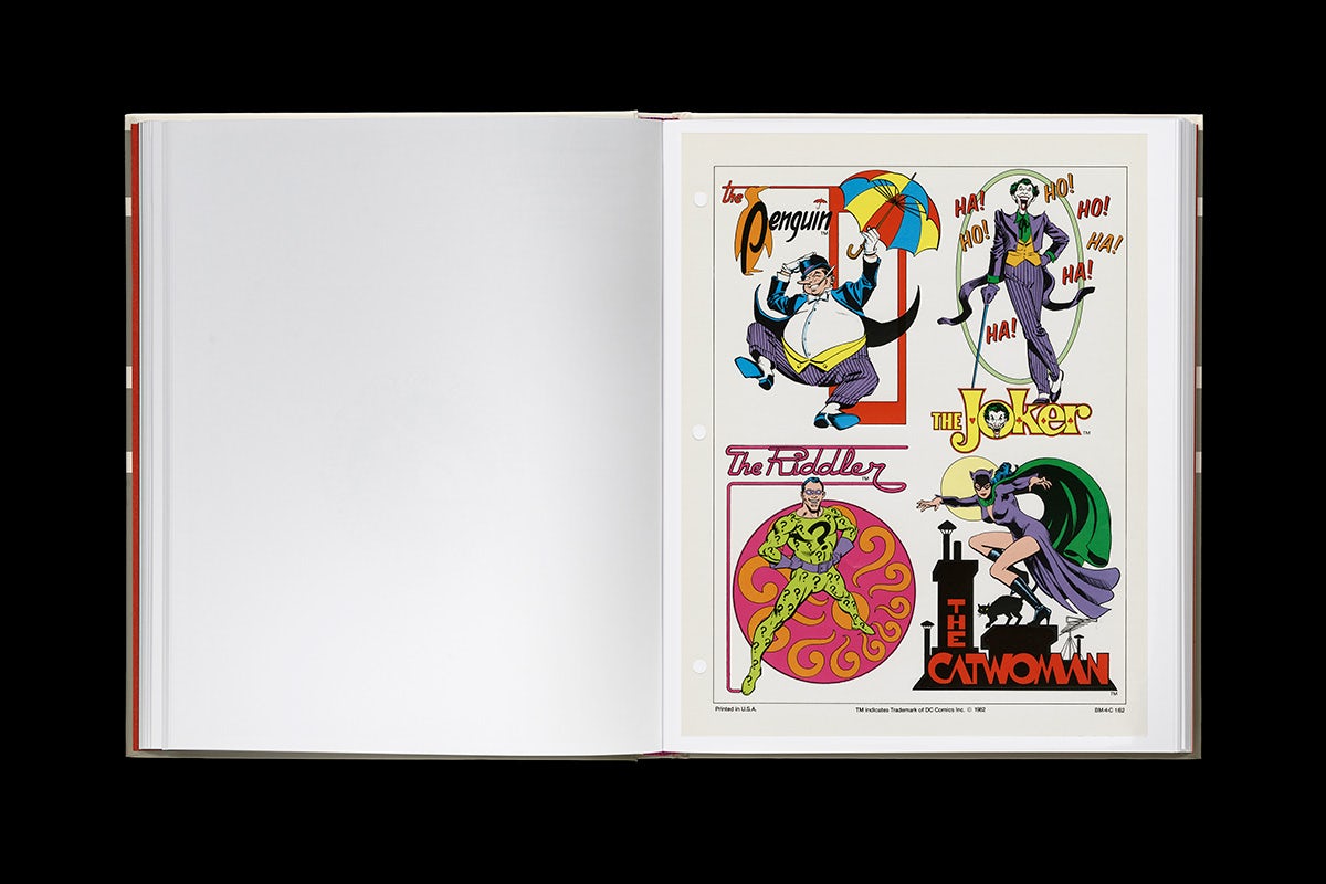 Spread from the DC Comics style guide showing four colour illustrations of DC characters The Penguin, The Fiddler, The Joker and The Catwoman
