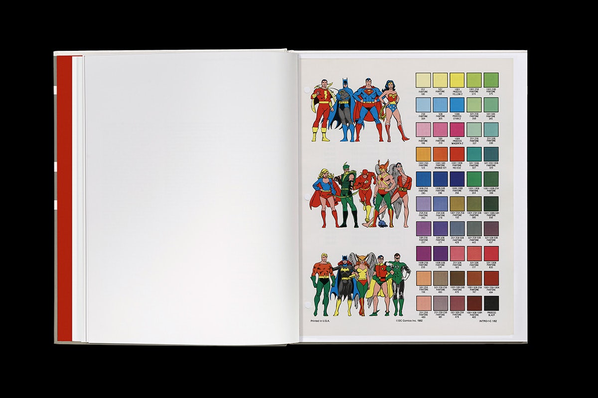 Spread from the DC Comics style guide showing character illustrations next to colour swatches