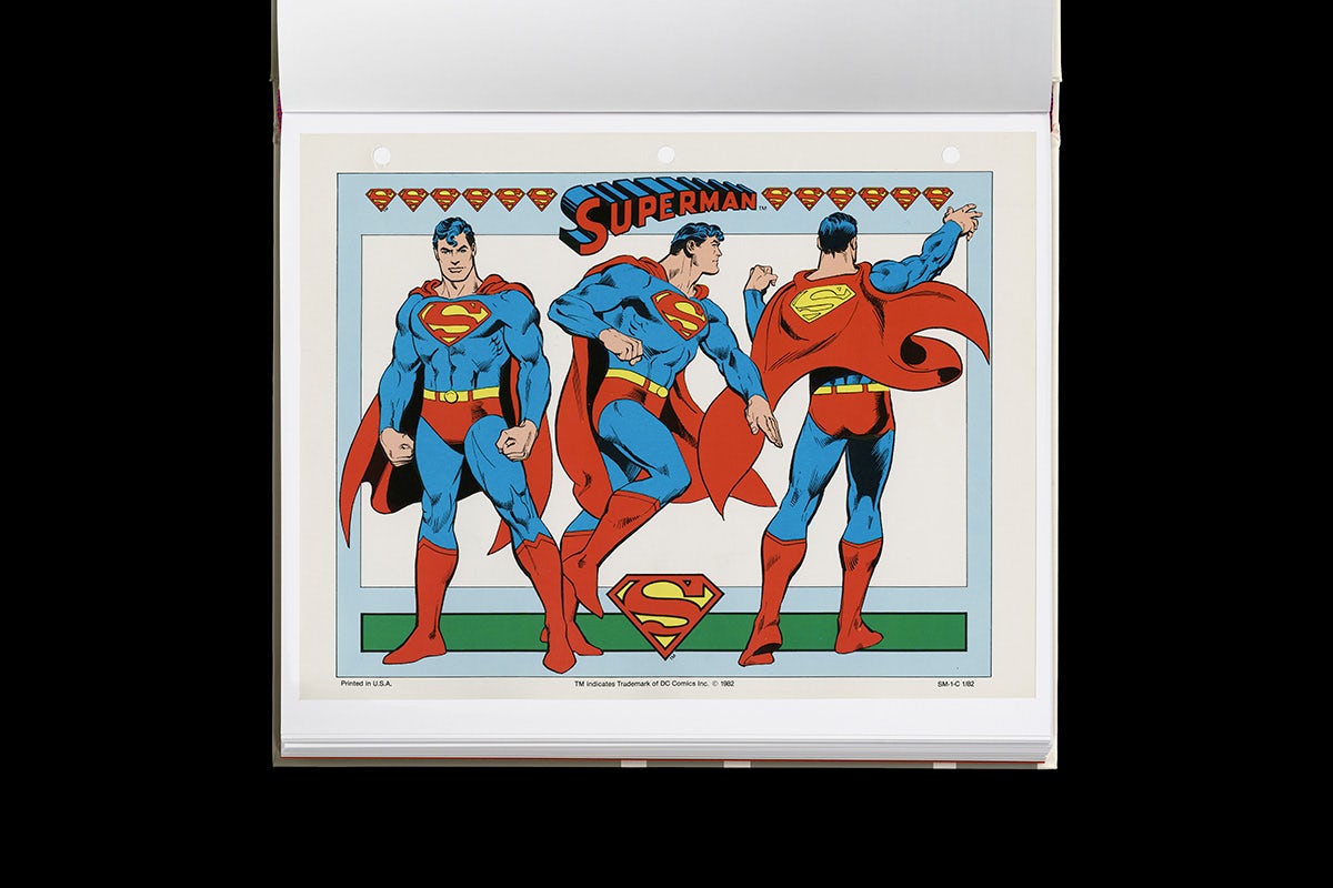 Spread from the DC Comics style guide showing three illustrations of Superman from different angles