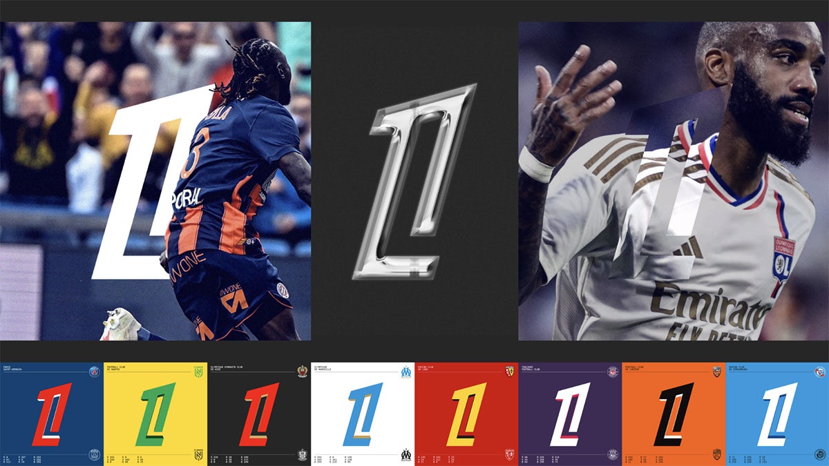 Composite graphic showing different colour variations of the new Ligue 1 logo involving a number '1' with a cut-out centre