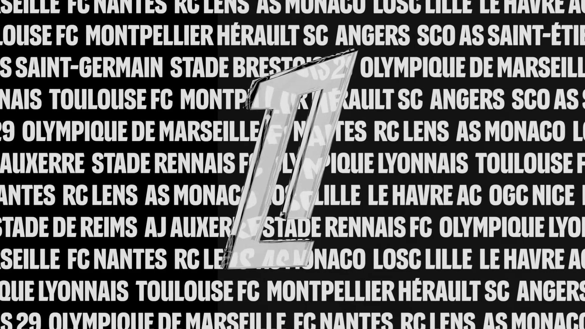 Composite graphic showing different colour variations of the new Ligue 1 logo involving a number '1' with a cut-out centre, shown on a black and white background listing French football club names