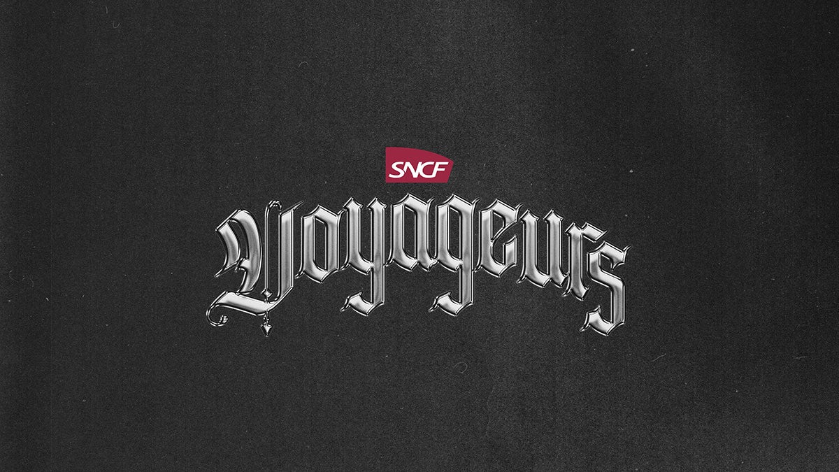 SNCF Voyageurs wordmark designed in a 3D gothic typeface against a dark grey background