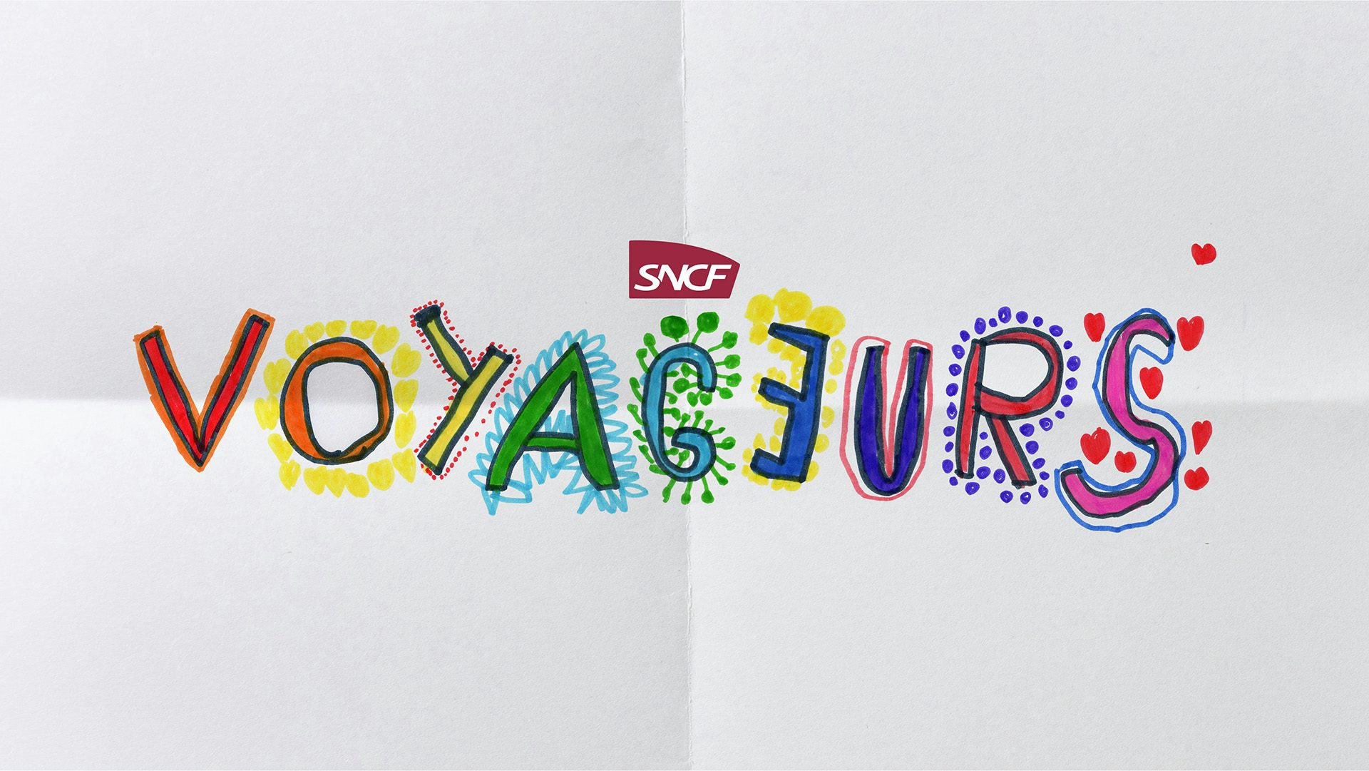Colourful childlike hand-drawn wordmark that reads Voyageurs for SNCF