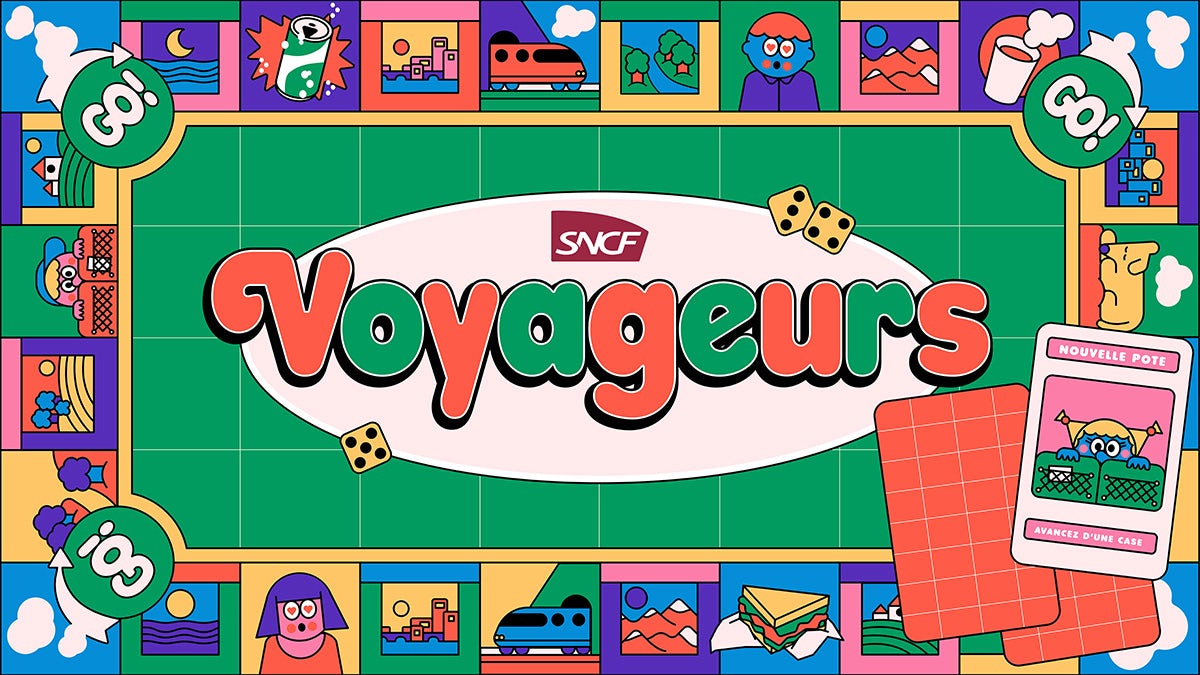 SNCF Voyageurs wordmark designed in rounded red and green letterforms surrounded by brightly coloured cartoon illustrations of people, places and transport