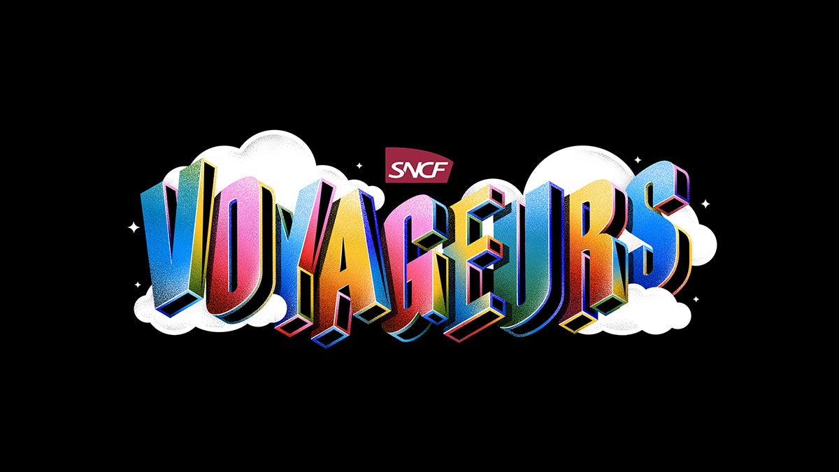 SNCF Voyageurs wordmark shown in bright 3D letterforms surrounded by clouds against a black background