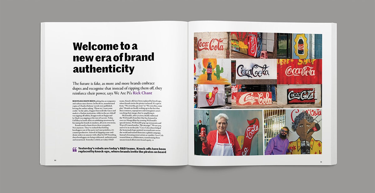 Spread from the Creative Review Future issue headlined 'welcome to a new era of authenticity' and photos of handdrawn Coca-Cola signage