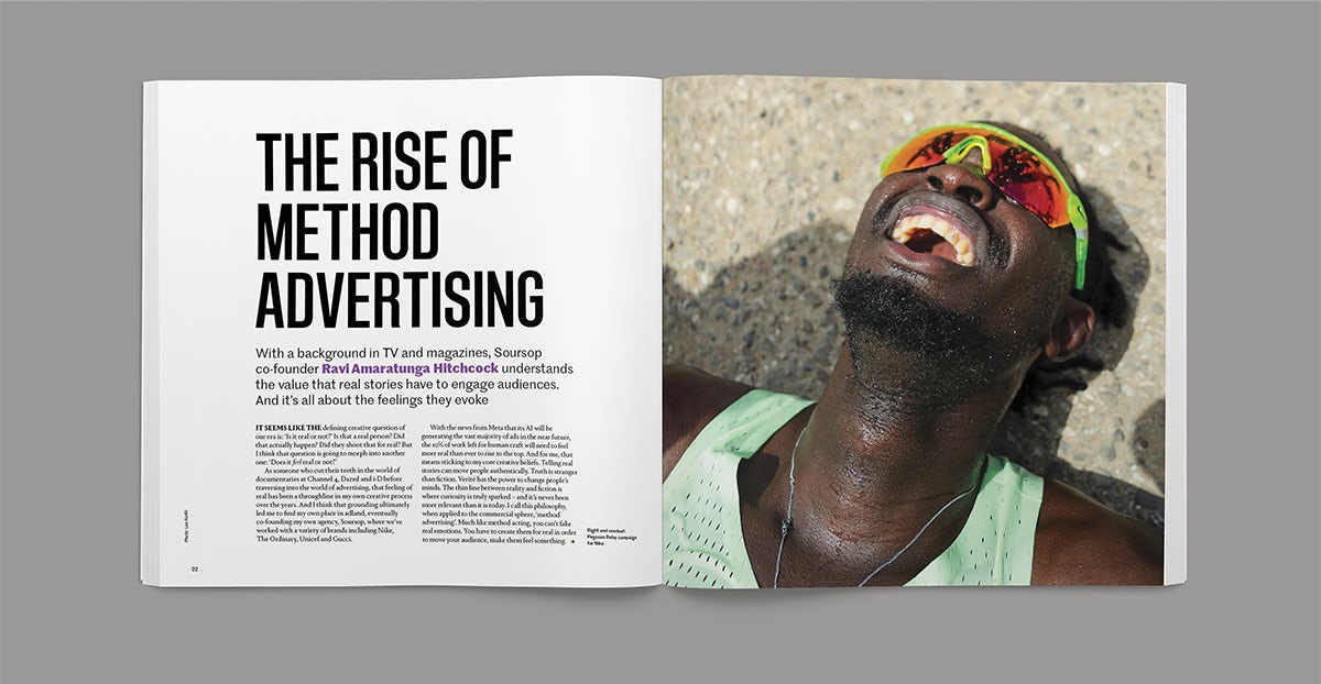 Spread from the Creative Review Future issue headlined 'the rise of method advertising' and a photo of a person wearing bright orange glasses and laughing