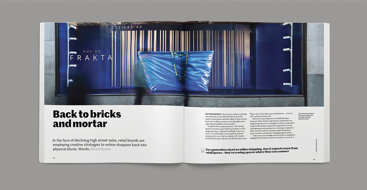 Spread from the Creative Review Future issue headlined 'back to bricks and mortar' and a photo of a blue Ikea shopping back in a store window