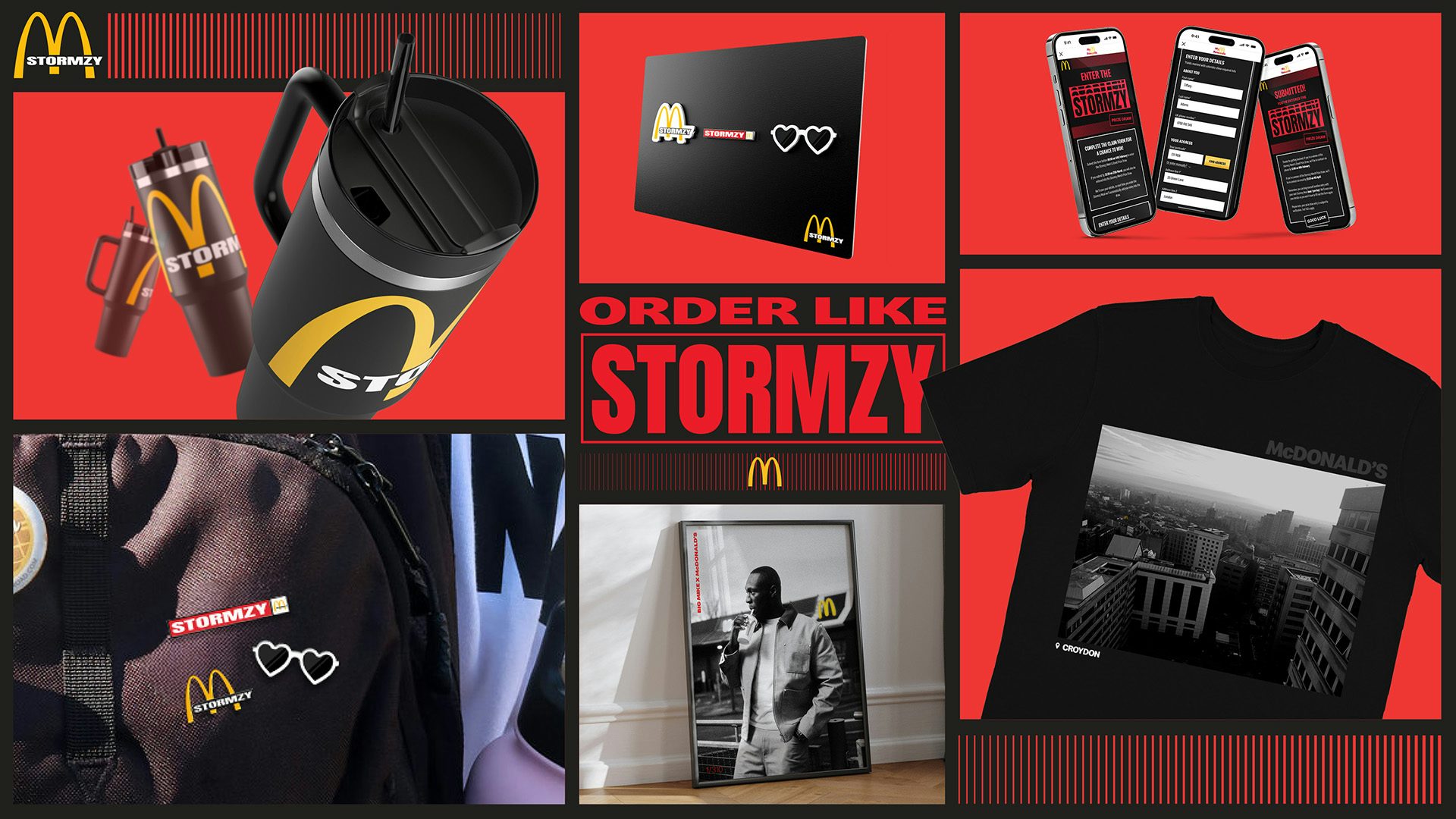 Composite image showing Stormzy and McDonald's merchandise including posters, t-shirts and travel mugs