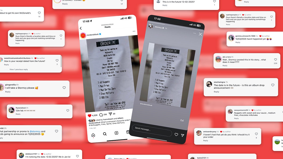 Graphic showing snippets of social posts including images of a McDonald's receipt