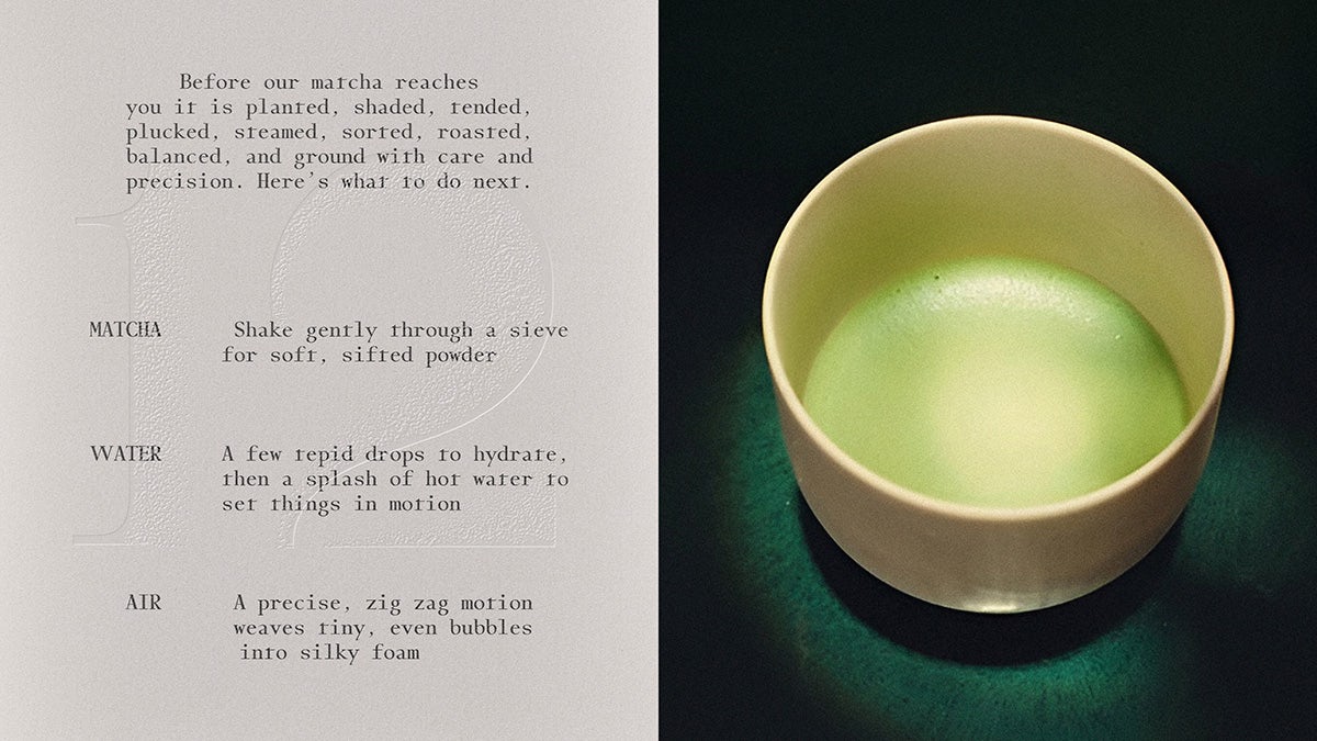 Side by side images showing a matcha preparation guide and a cup of matcha