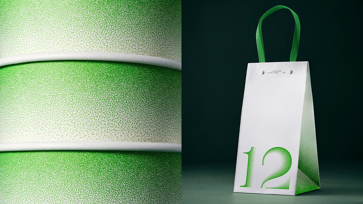 Two images showing the green and white airbrush-style packaging design for matcha brand 12