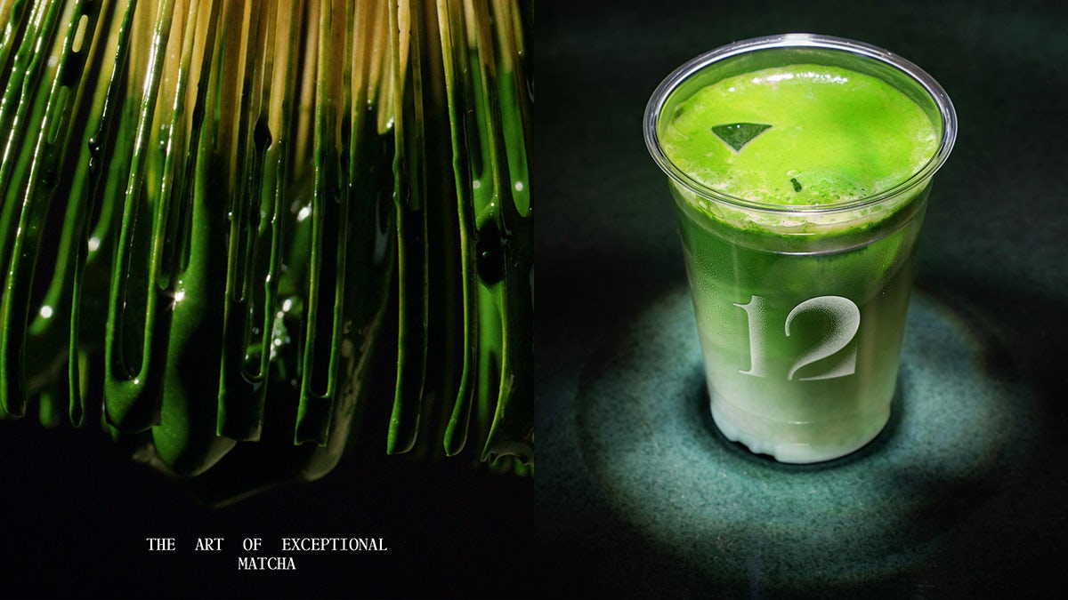 Side by side images showing a transparent cup of matcha and a whisk covered in matcha