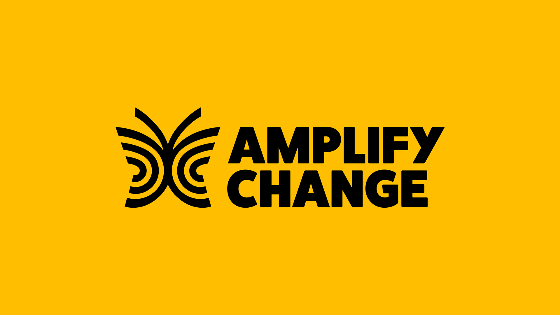 Black Amplify Change wordmark alongside a butterfly logo on a bright yellow background