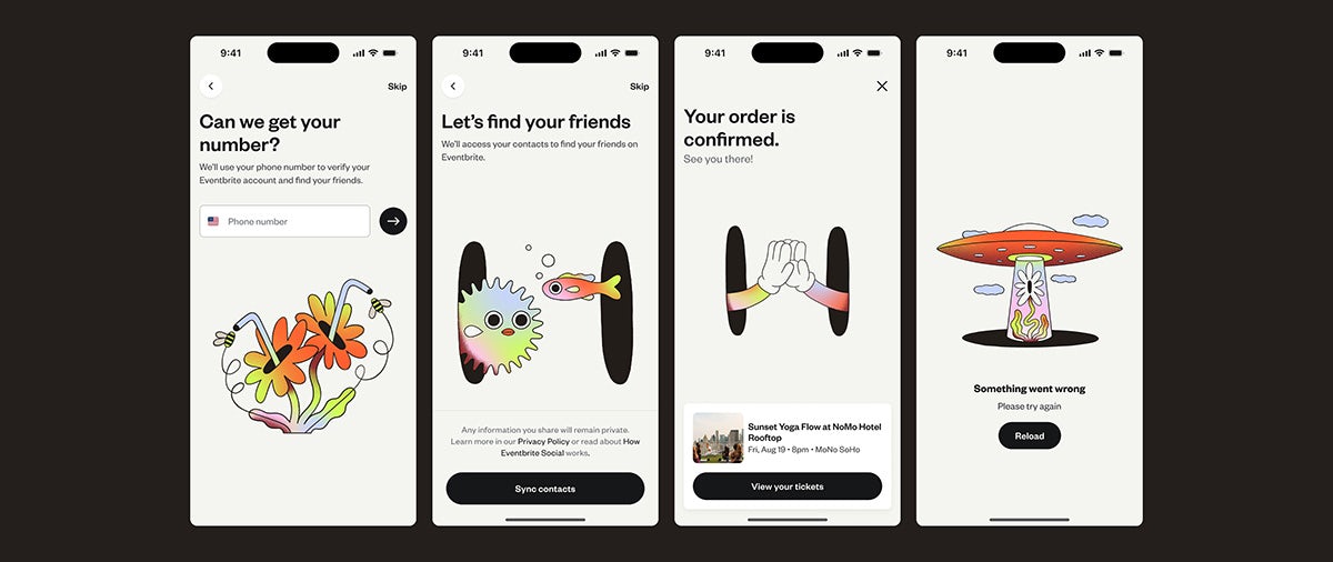 Eventbrite app screens featuring colourful abstract illustrations