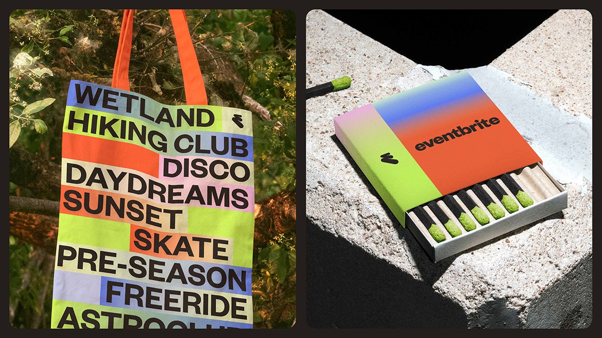 Colourful Eventbrite branded tote bag and book of matches