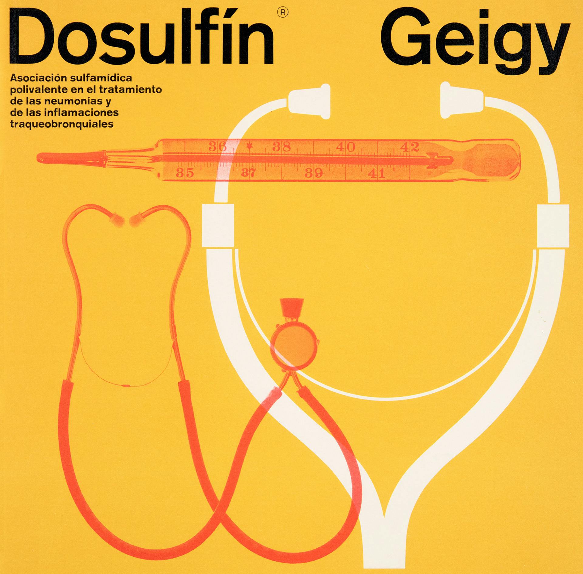 Graphic designed by Fred Troller showing flat illustrations of medical equipment including a stethoscope and a syringe