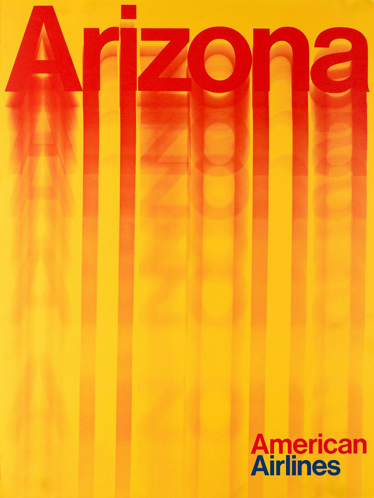 American Airlines poster by Fred Troller featuring the word 'Arizona' in red motion blurred lettering on a yellow background