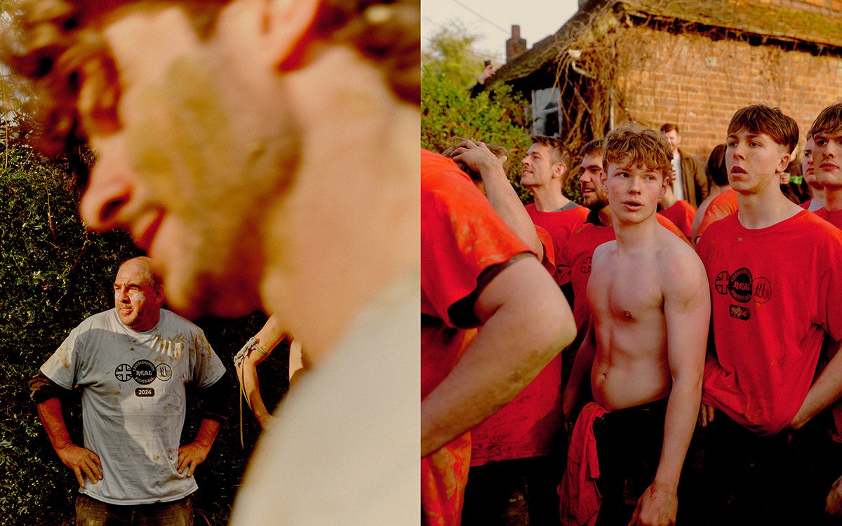Two photos of young men in sports clothes and covered in mud