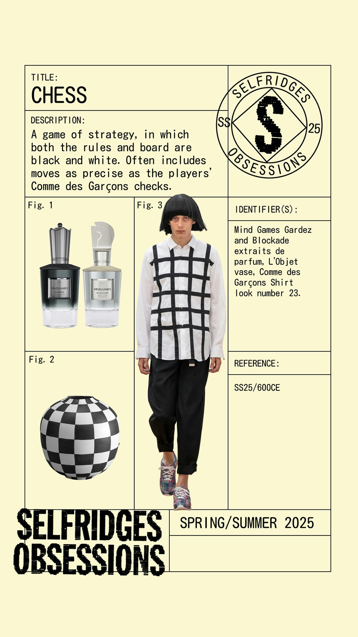 Graphic labelled 'Selfridges Obsessions' and featuring an image of a model wearing a black and white tiled shirt surrounded by a checkerboard seat and images of nail varnish bottles