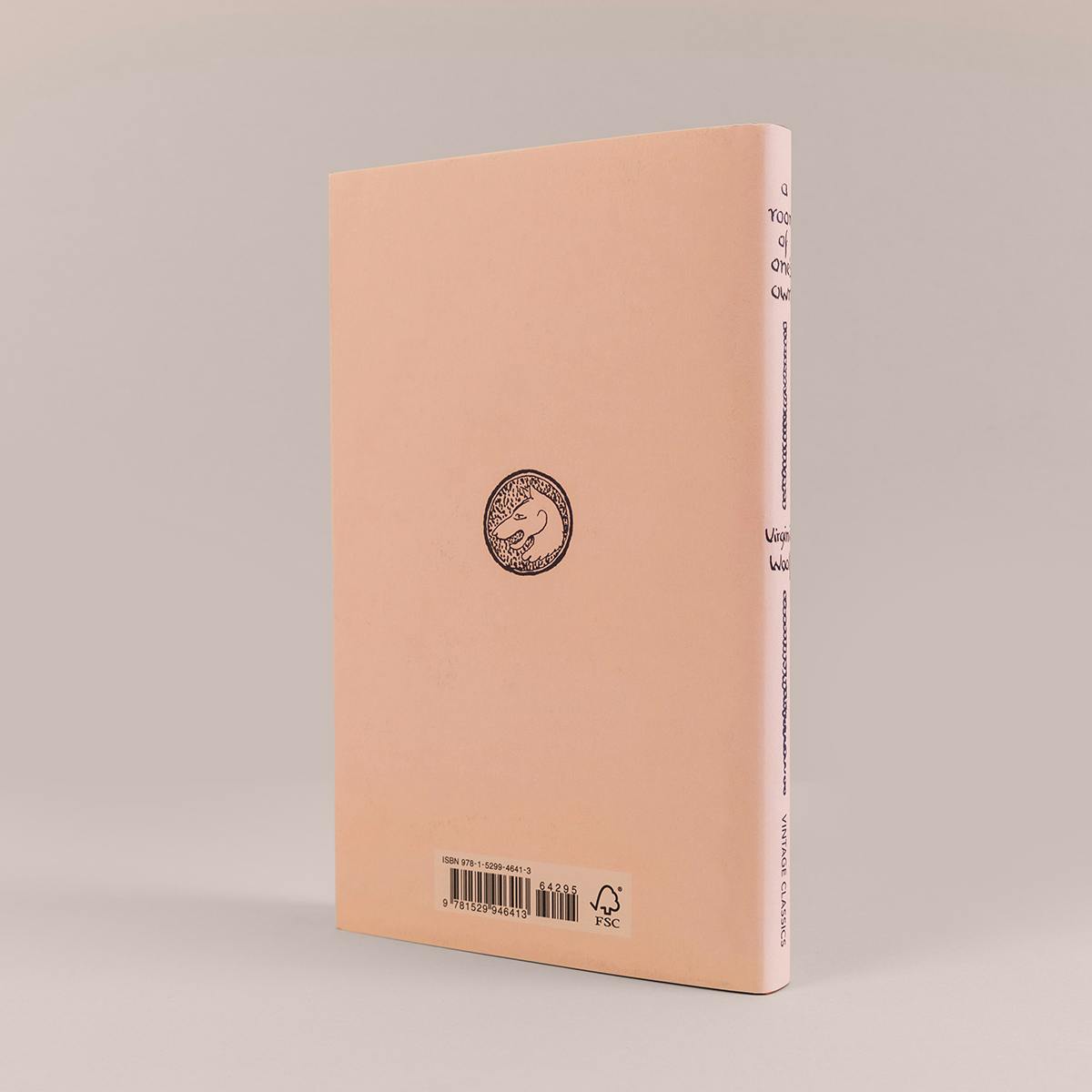 Back cover of the Vintage Classics centenary edition of A Room of One's Own by Virginia Woolf, featuring the Hogarth Press wolf head logo