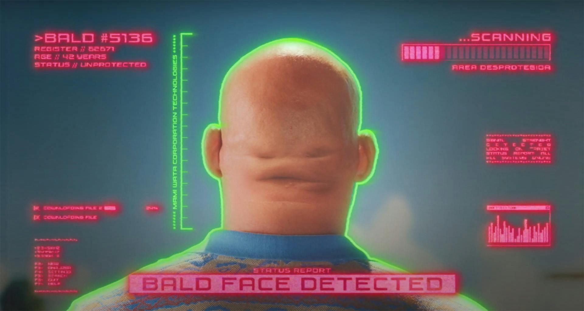 Still from Mami Wata campaign showing the back of a bald person's head with facial recognition graphics laid over