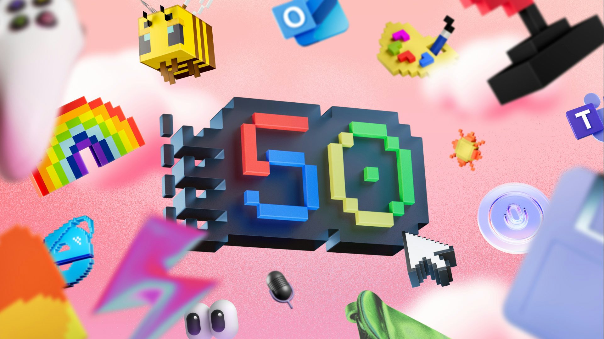 Graphic from Microsoft's 50th anniversary campaign identity featuring a 3D illustration in the style of keychain with a '50' logo in the red, blue, green and yellow colours of the Microsoft Windows logo