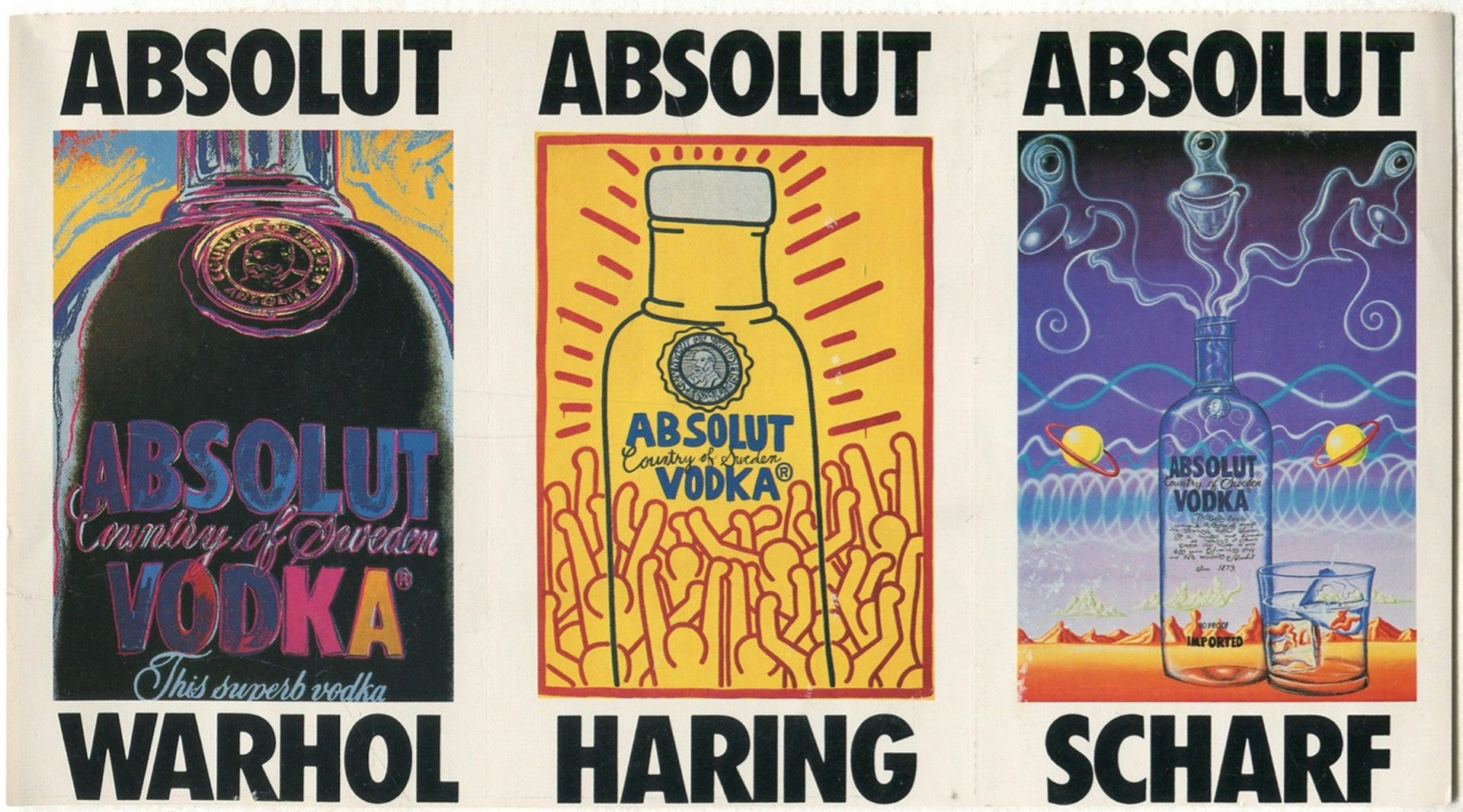 Posters featuring paintings of Absolut vodka bottles labelled Warhol, Haring and Scharf underneath each one