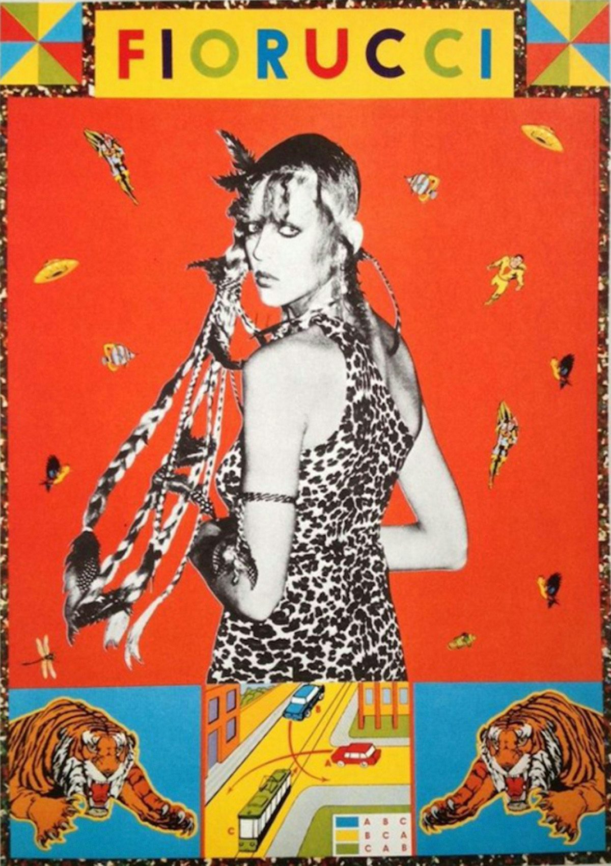 Bright orange vintage Fiorucci poster featuring an image of a person with short hair wearing a leopard print dress