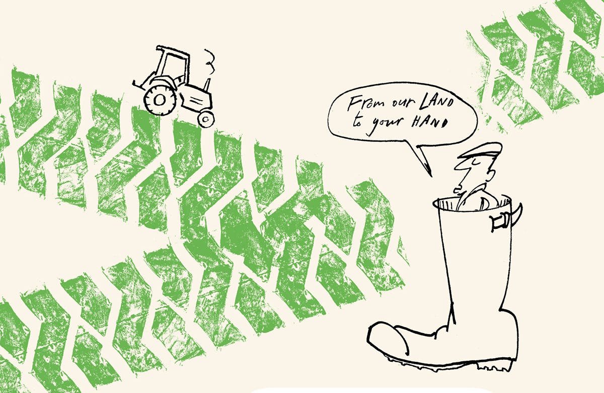 Somer Valley Brewing identity featuring rough illustrations of a farmer in a wellie saying 'from our land to your hand' and a tractor, with a green graphic in the background in the shape of tractor tyre marks