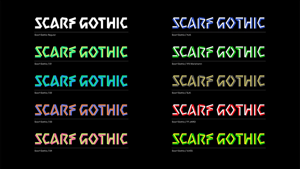 Scarf Gothic type specimen featuring angular letterforms in different colourways