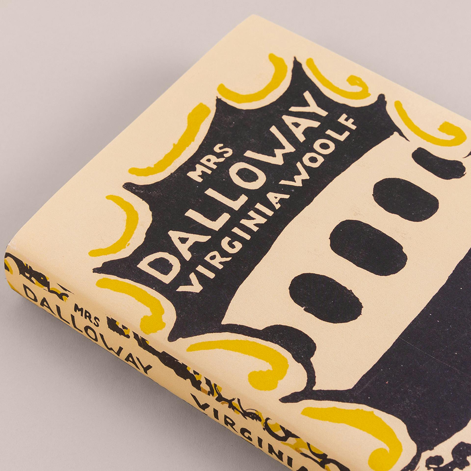 Cover of the Vintage Classics centenary edition of Mrs Dalloway by Virginia Woolf featuring a black and yellow woodcut design by Vanessa Bell
