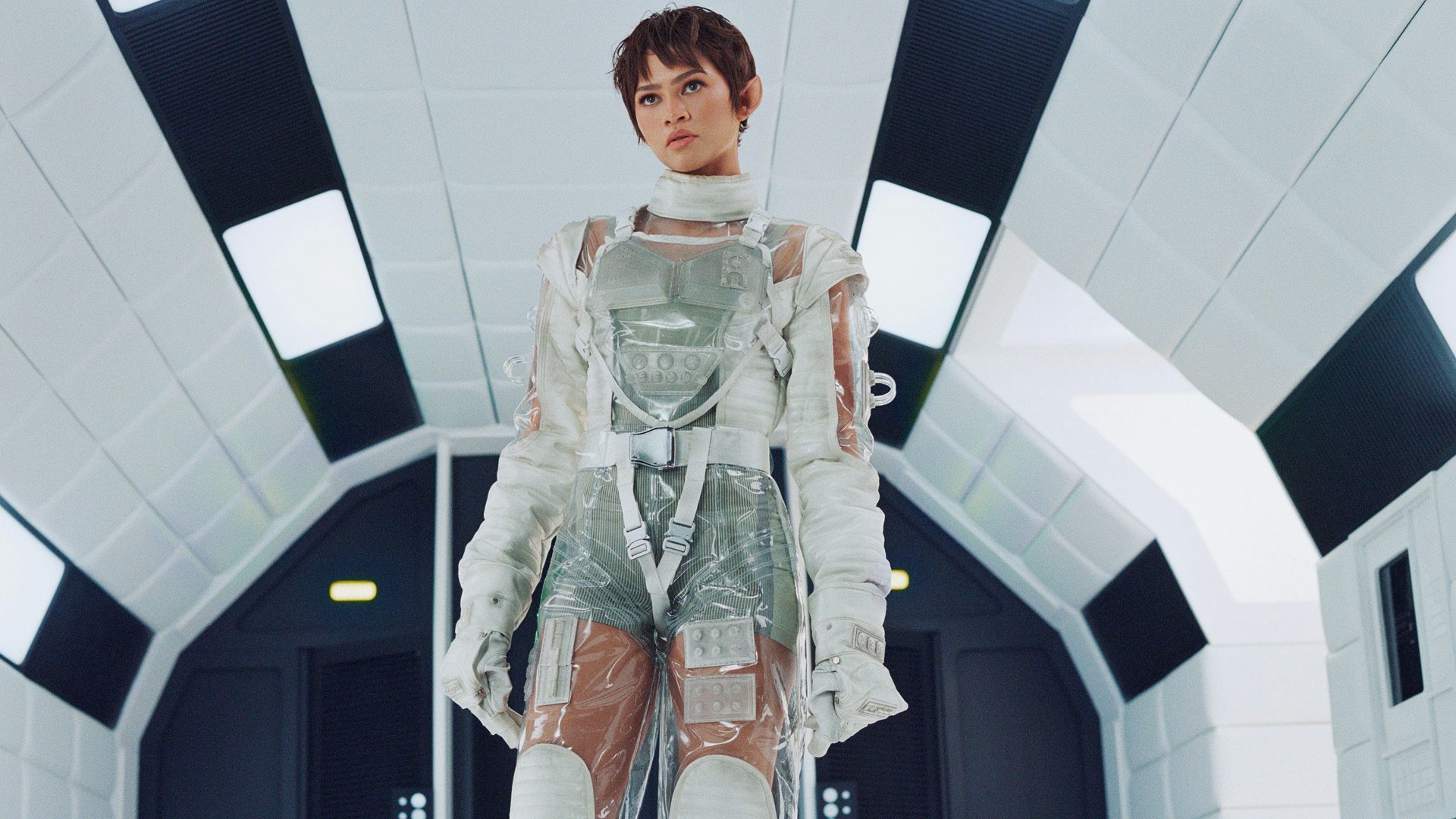 Still from On's Zone Dreamers ad featuring Zendaya wearing a semi transparent sporty space suit in a space station environment