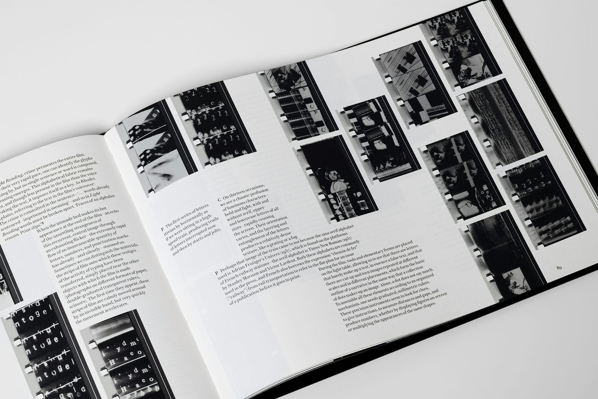 Spread from Mubi's book Read Frame Type Film showing images of film strips alongside uneven paragraphs of text