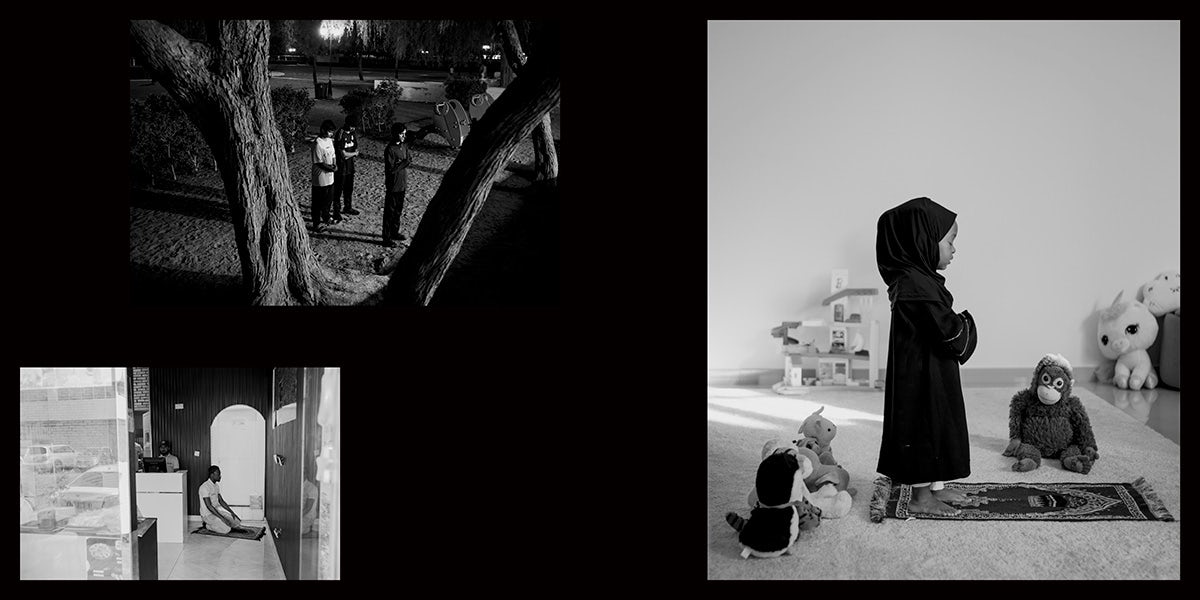 A spread from Mustafa's poetry publication, Nour, featuring black and white images including one of a child standing at a prayer mat