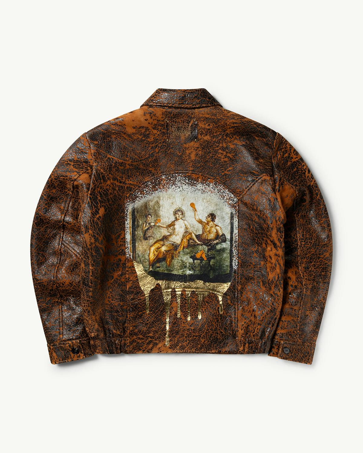 Distressed brown leather jacket by Aries and KFC featuring a Renaissance-style scene on the back