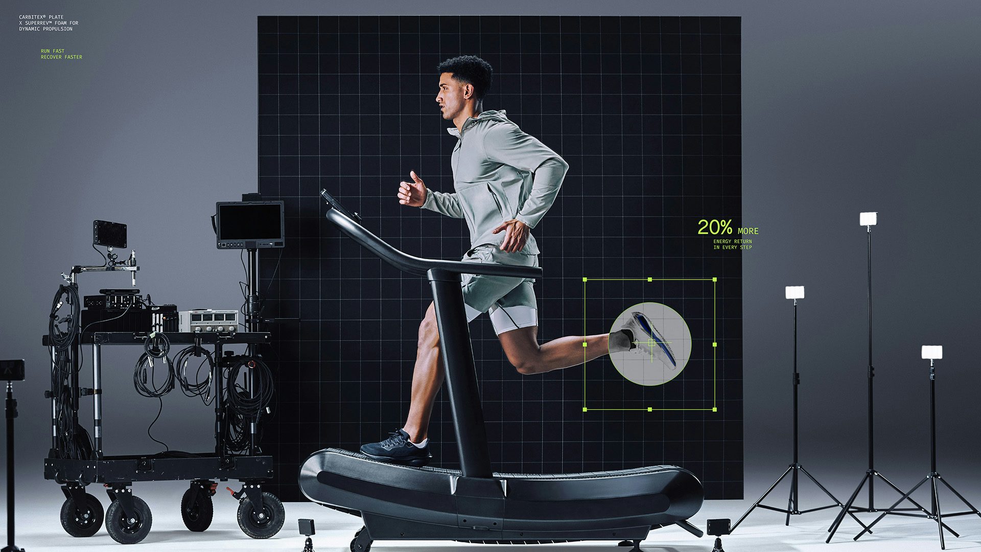 A person running on a treadmill with technical graphics laid over the image