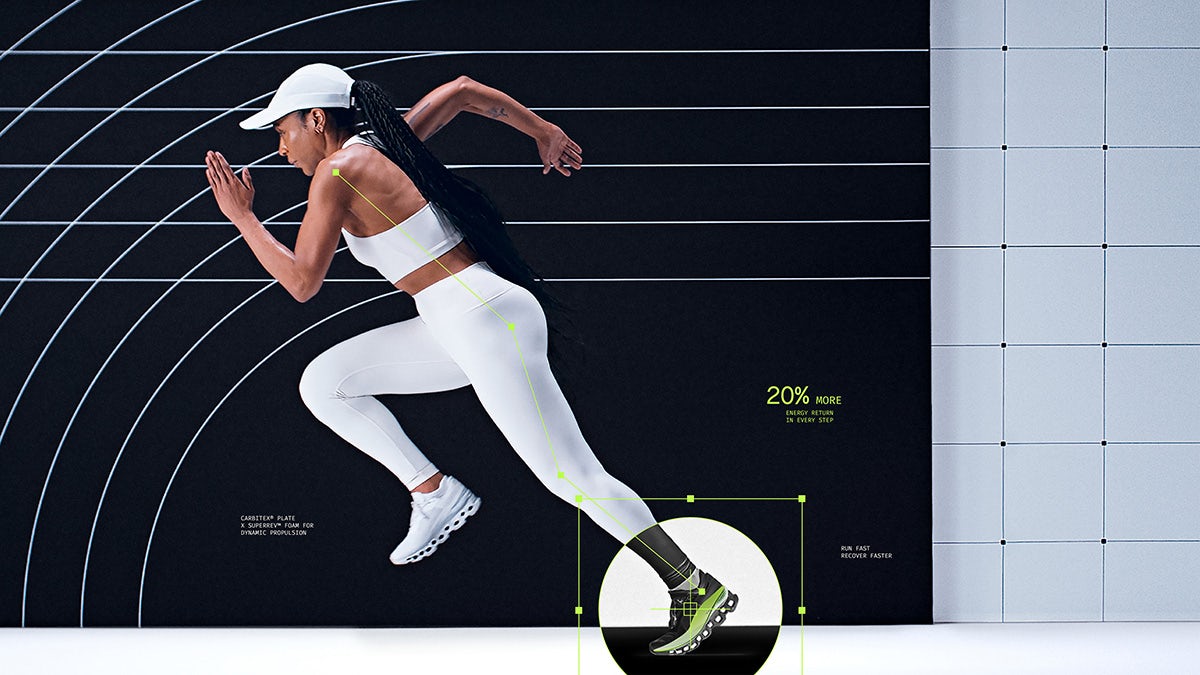 A person mid sprint with technical graphics laid over the image