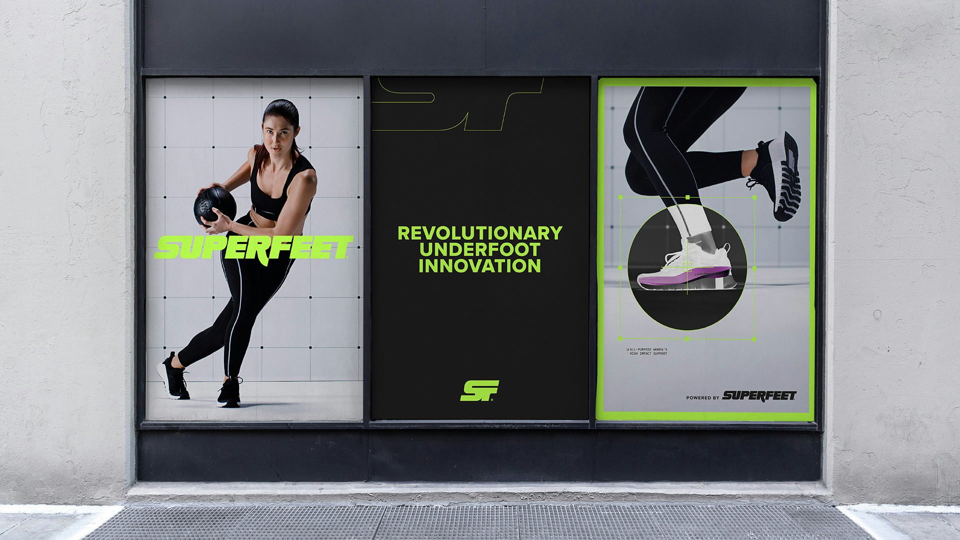 Row of three posters featuring a person working out and the green Superfeet wordmark