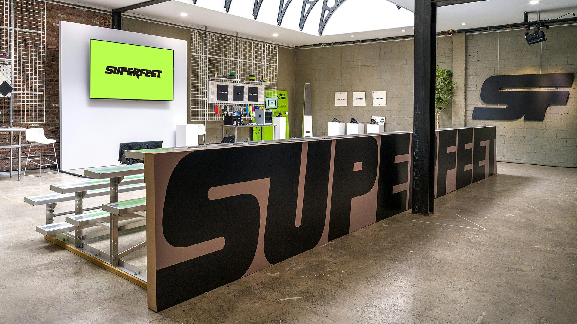 Industrial space featuring the Superfeet branding