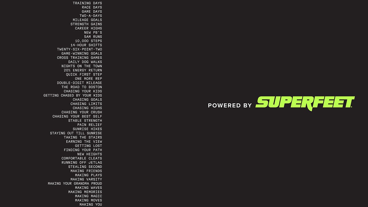 Black and green graphic with a column of activities on the left and the label 'Powered by Superfeet' on the right