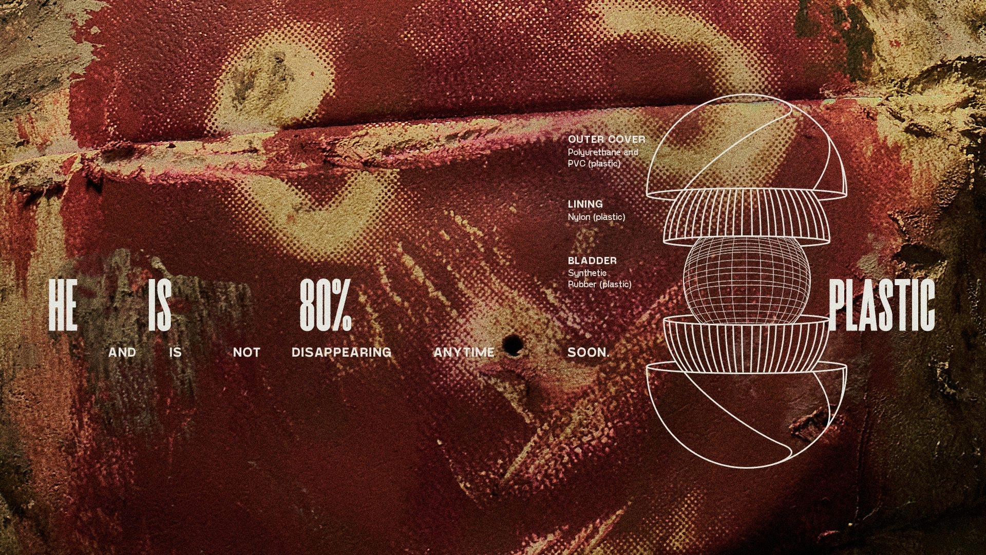 Campaign graphic showing a close-up of a tarnished volleyball overlaid with the line 'he is 80% plastic and he is not disappearing anytime soon'