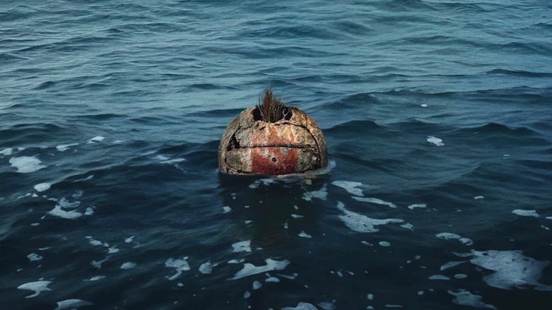 Image of a volleyball with a tuft of hair floating on water resembling Wilson the ball from Cast Away