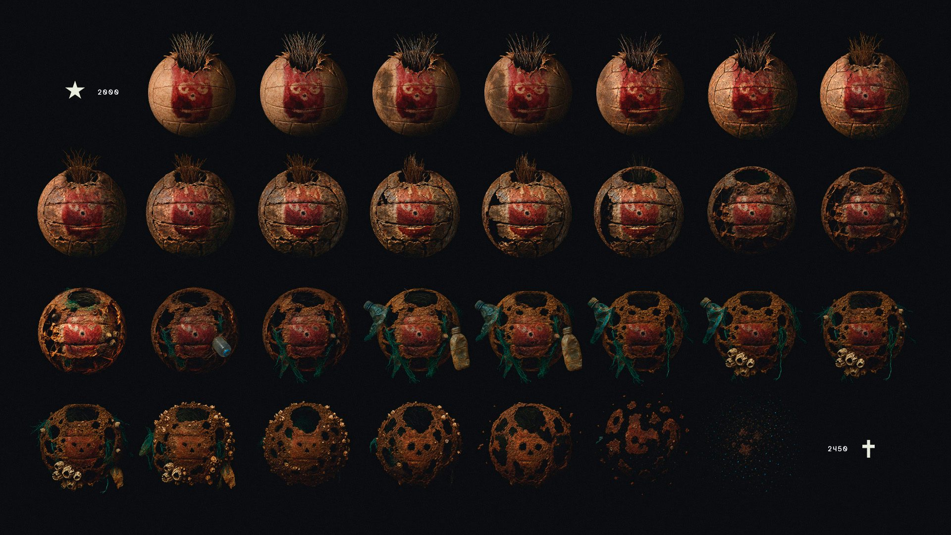 Climate campaign graphic showing a volleyball in different states of decomposition