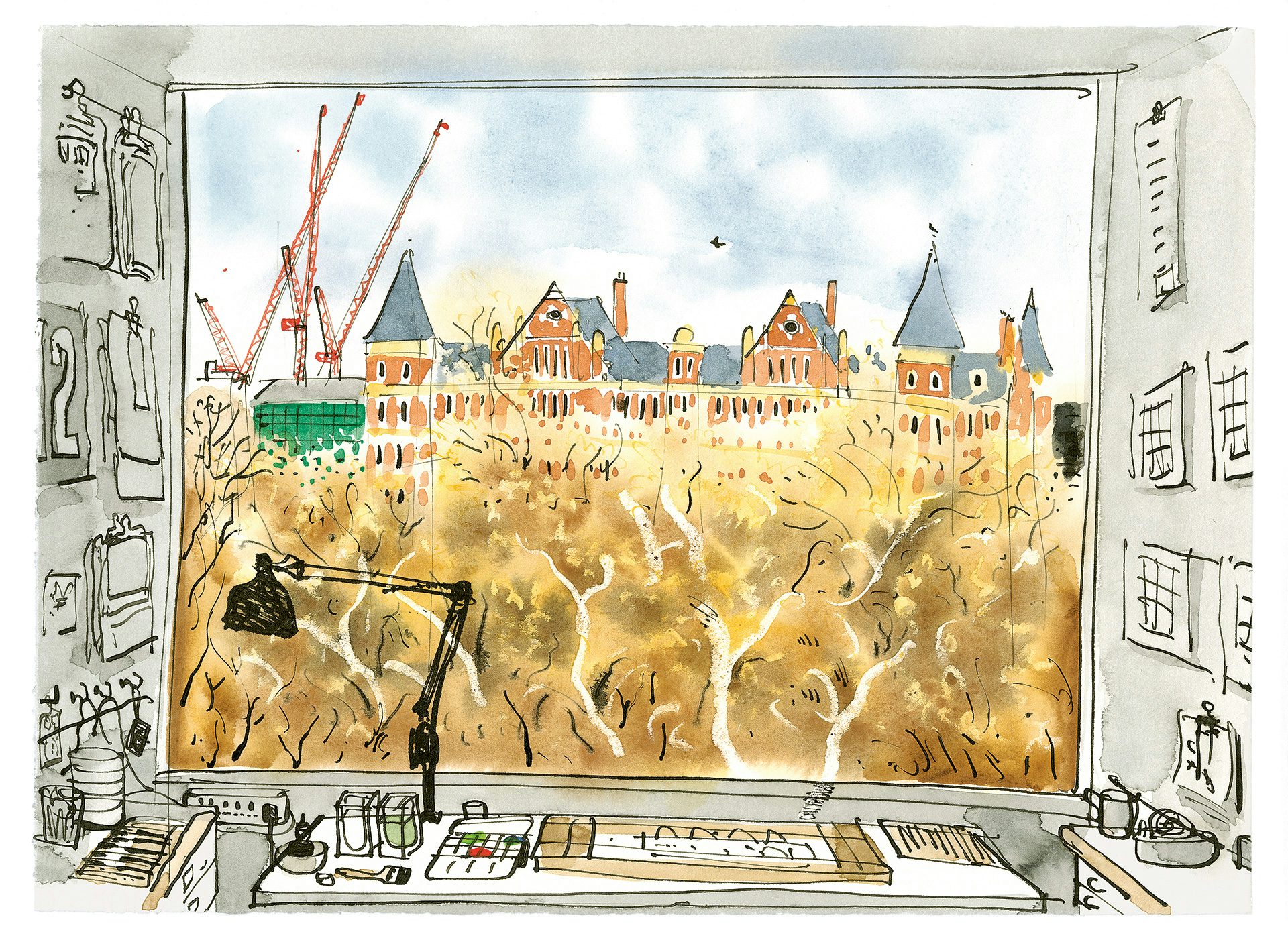 An illustration by David Gentleman of his studio