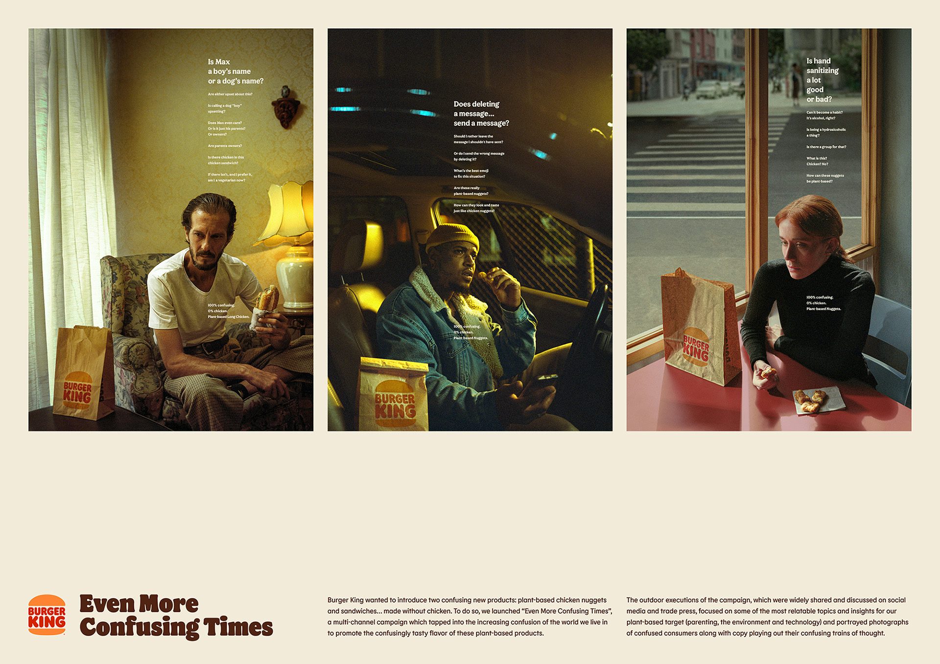 Composite image of three campaign images designed for Burger King's Even More Confusing Times campaign by David