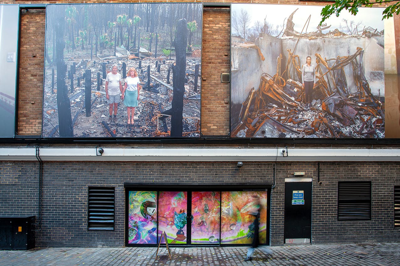 Fire / Flood by Gideon Mendel in Soho Photography Quarter November 2022 © Kate Elliott Courtesy of The Photographers’ Gallery image by Kate Elliott