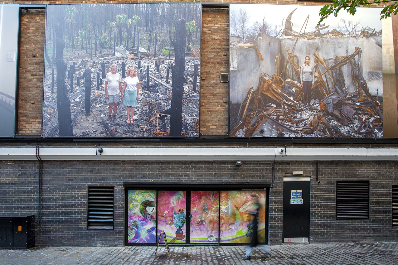 Fire / Flood by Gideon Mendel in Soho Photography Quarter November 2022 © Kate Elliott Courtesy of The Photographers’ Gallery image by Kate Elliott