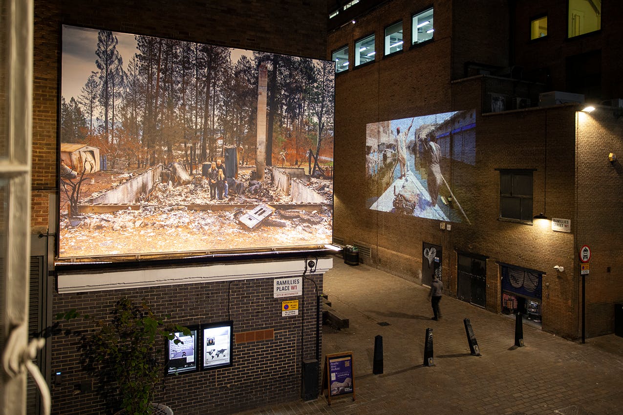 Fire / Flood by Gideon Mendel in Soho Photography Quarter November 2022 © Kate Elliott Courtesy of The Photographers’ Gallery